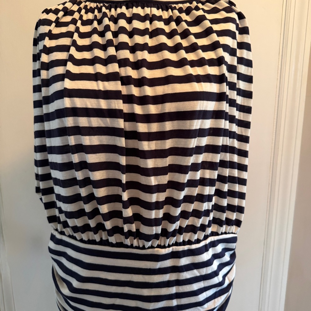 Striped Navy and Cream sleeveless mock neck top